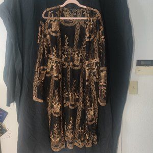 Black Duster with Gold Bronze Floral Applique Embroidery from Hot Monde Size L